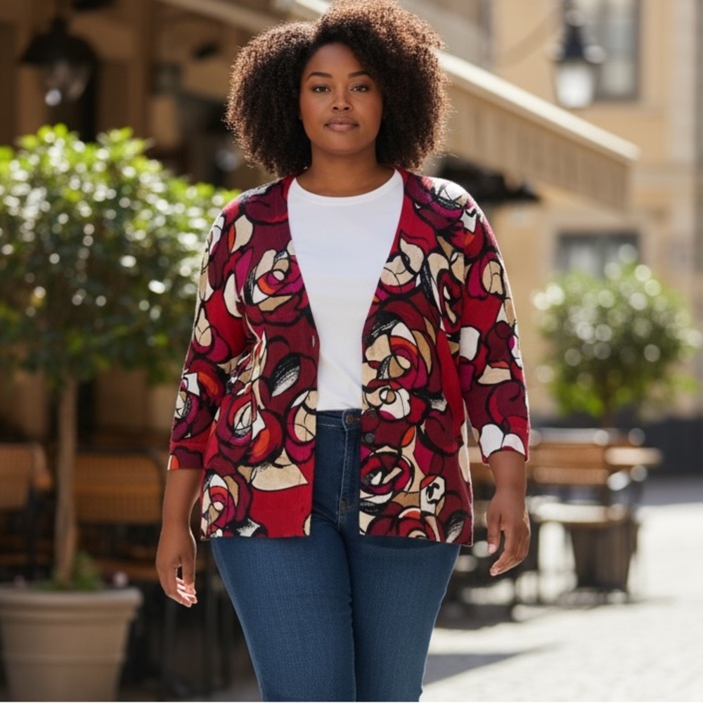 Chico’s Stylish Red cotton blend abstract Patterned high low Cardigan Sz L